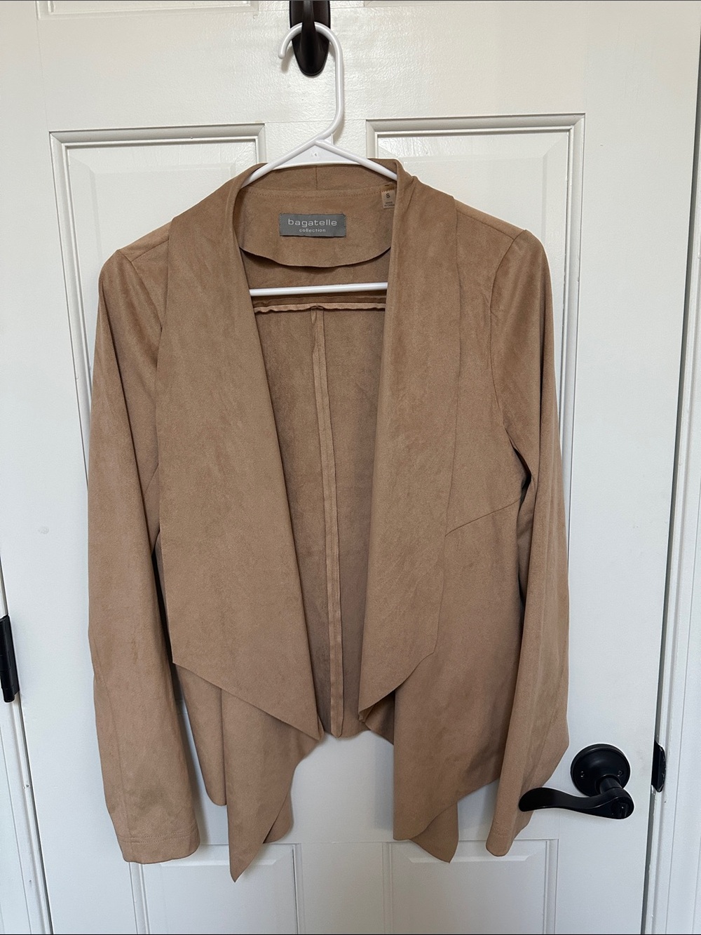 bagatelle Tan Faux Suede Open Front Draped Blazer
